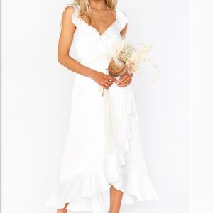 Show Me Your Mumu Samantha Ruffle Wrap Dress in Ivory Luxe Satin NWT